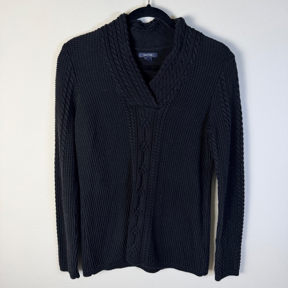 Nautica Womens L Black Cable Knit Shawl Neck Sweater Cotton Costal Nautical Cozy